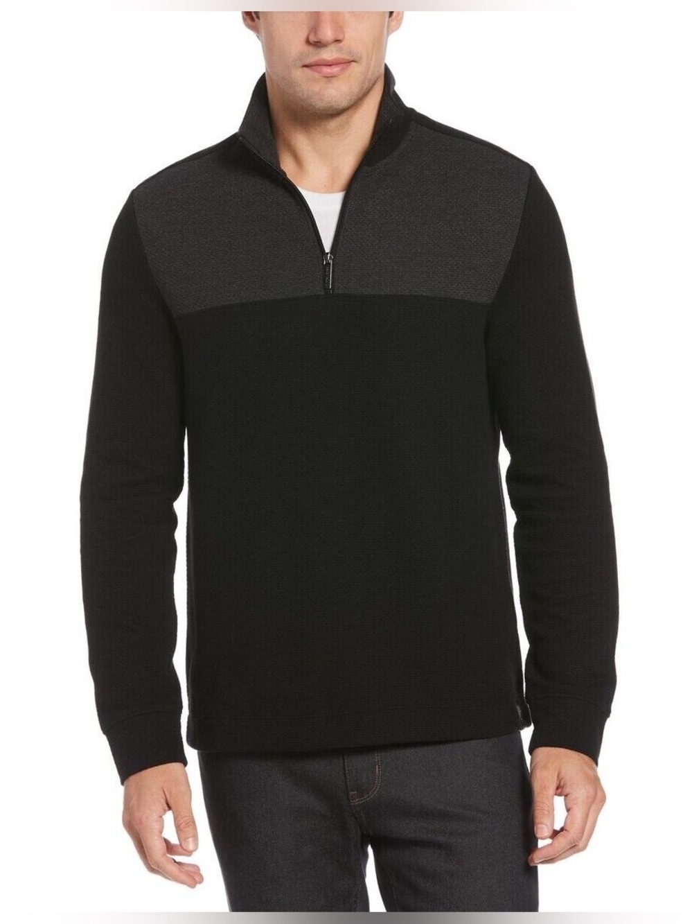 Perry Ellis Mesh Quarter-Zip Rib-Knit Sweatshirt In Black And Gray Size M